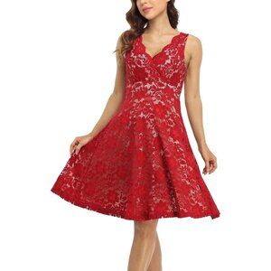 Women's Floral Lace Overlay Fit and Flare Dress Sexy V-Neck Knee Length